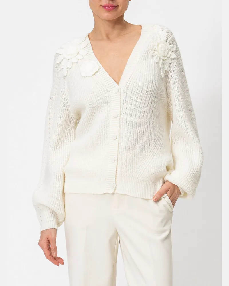 Twin-Set Cardigan aus Wollmischung mit V-Ausschnitt und Blumenapplikation Perle