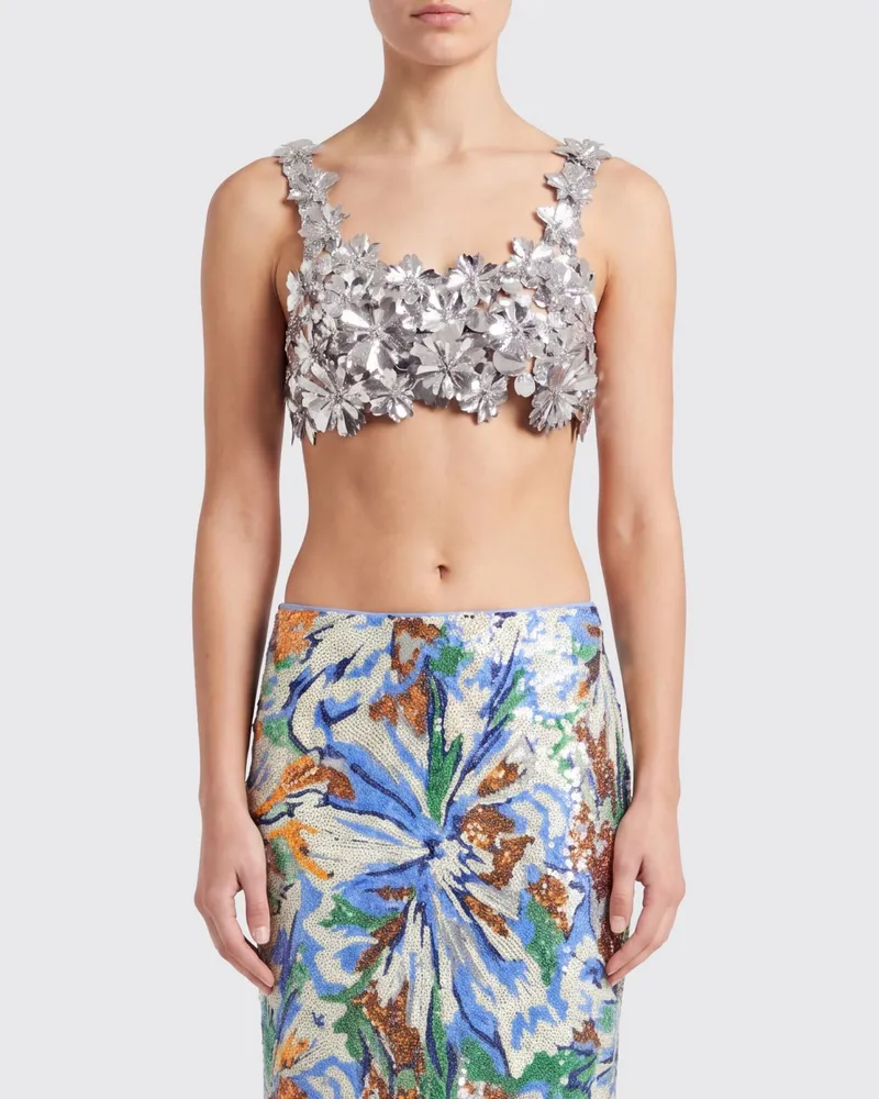 Paco Rabanne Crop-Top mit Scheiben und 3D-Blumen Silber
