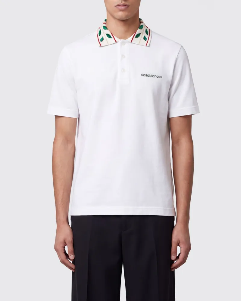 Casablanca Paris Baumwoll-Polohemd mit gestreiftem Kragen und Logo-Stickerei Weiß