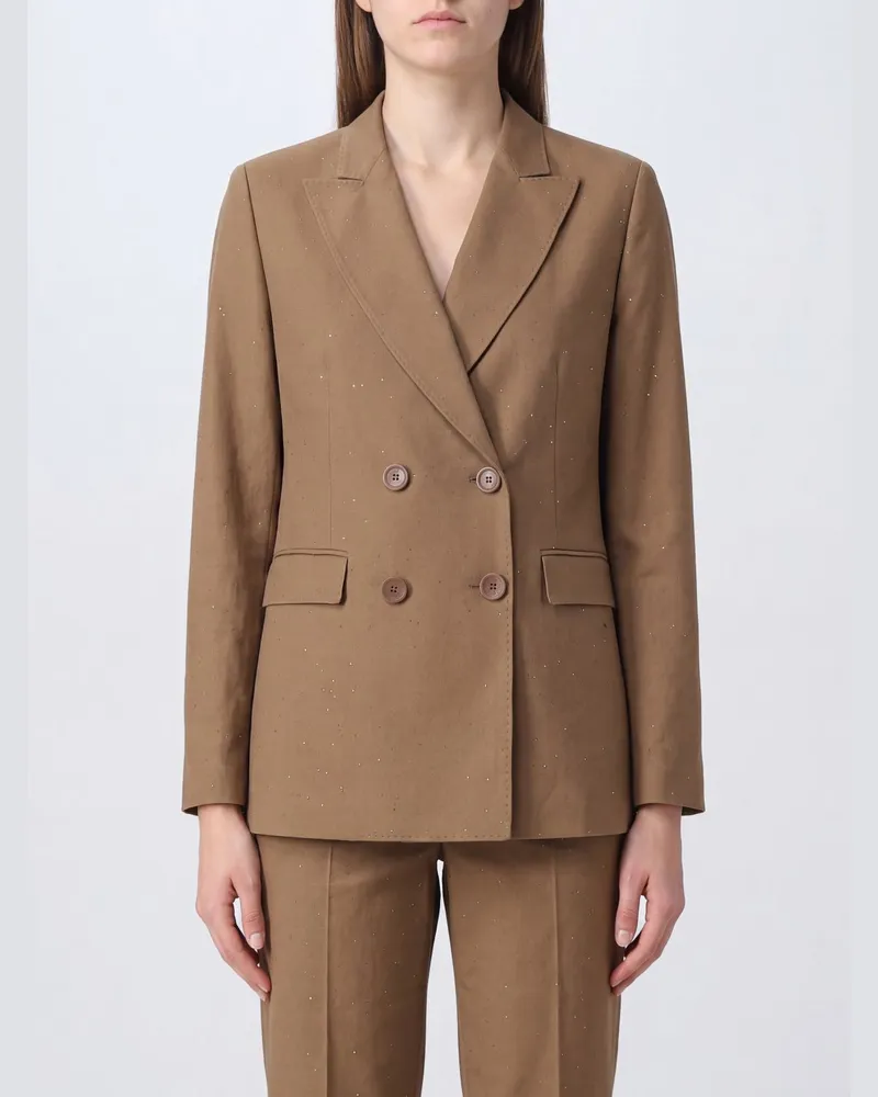 Herno Taillierter Zweireiher-Blazer aus Leinenmischung mit Kristallstickerei Beige