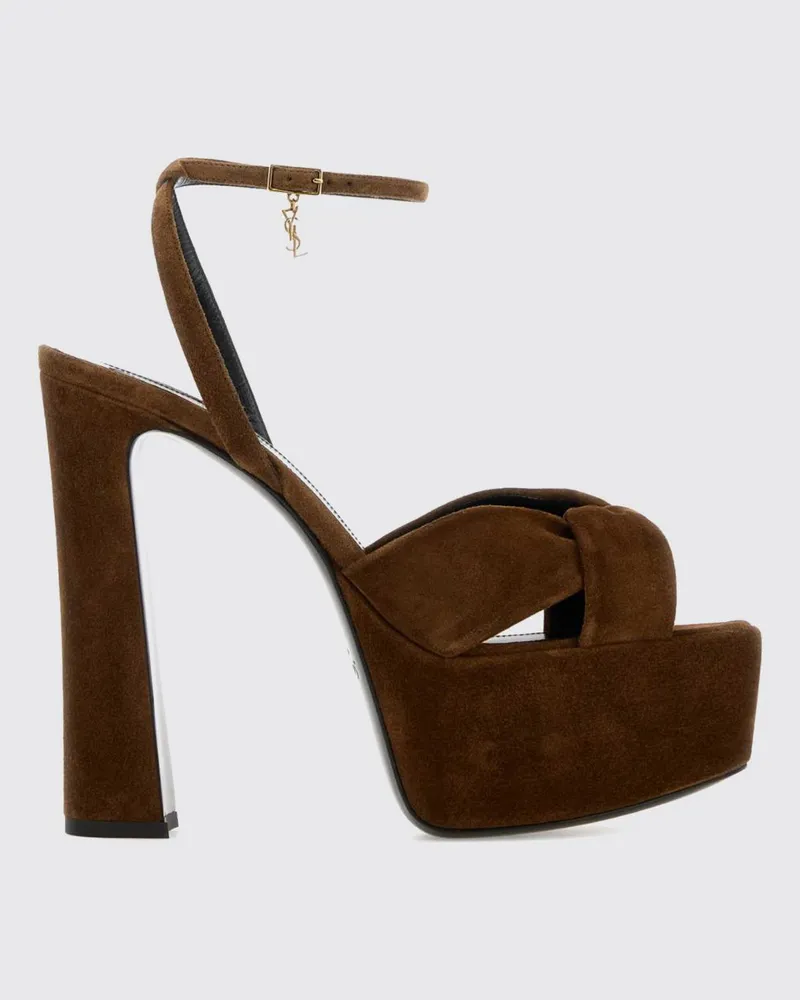 Saint Laurent Franciane Plateau-Sandalen aus Veloursleder mit YSL-Logo Braun