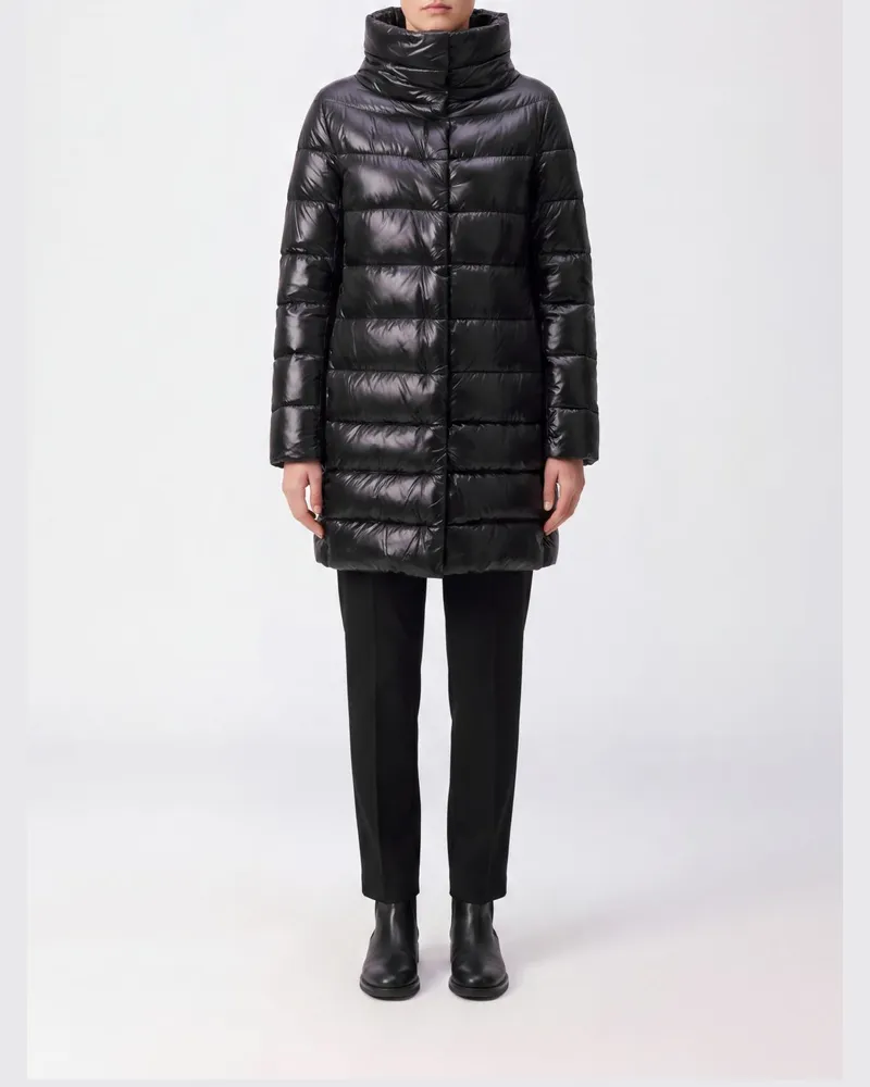 Herno Knielanger Dora Daunenmantel aus ultraleichtem Nylon mit hohem Kragen Schwarz