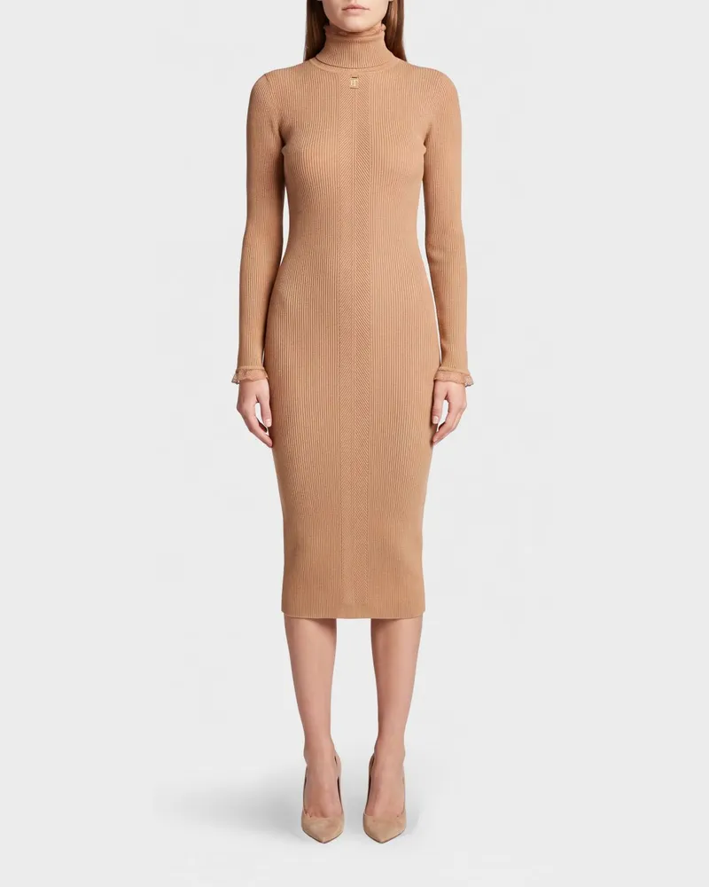 Elisabetta Franchi Slim-Fit-Midikleid aus Strick mit Rollkragen Beige