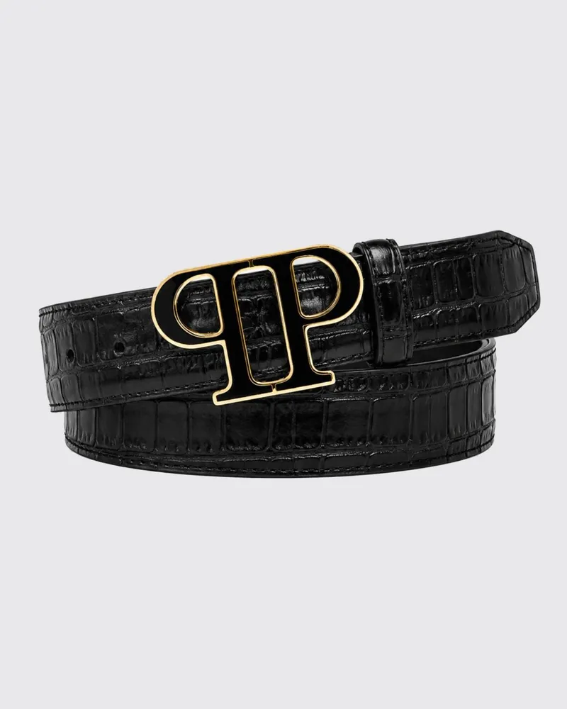 Philipp Plein Kalbsledergürtel mit Krokoprägung und Monogramm-Schnalle Schwarz