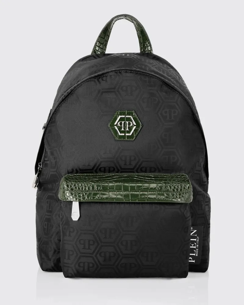 Philipp Plein Rucksack aus Nylon mit Jacquard-Hexagon und Krokoprägung Leder Schwarz