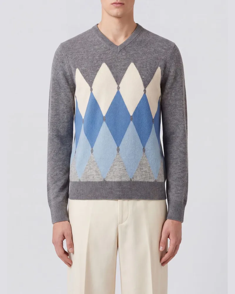 Ballantyne Argyle-Muster 100% Kaschmir-Pullover mit Rundhalsausschnitt Grau
