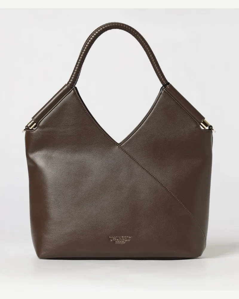 Twin-Set Schultertasche aus Kunstleder mit doppeltem Rohrgriff Braun