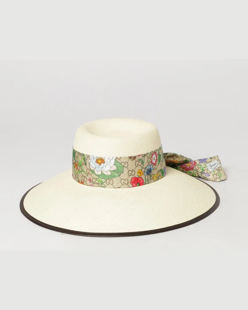 Gucci Panamahut aus Raffia mit geblümtem Seidentwillband Beige