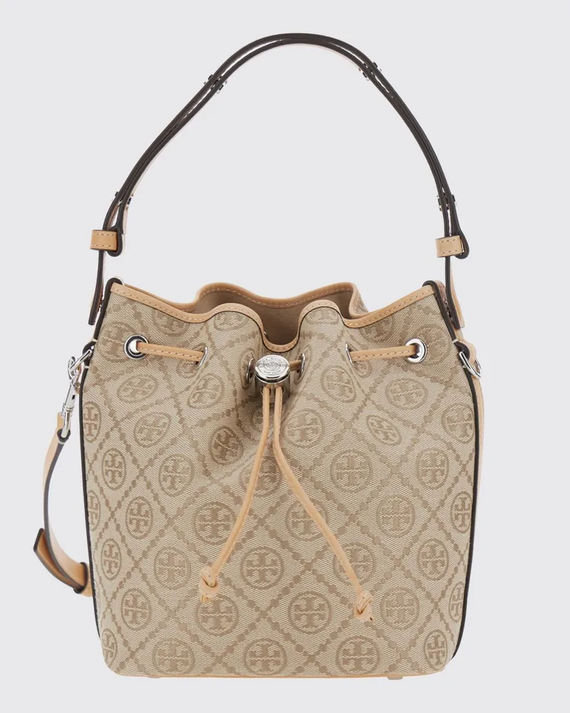 Tory Burch T Monogram Mini-Beuteltasche aus Canvas mit abnehmbarem Riemen Beige
