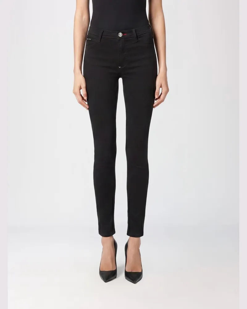 Philipp Plein High-Waist Cropped Skinny-Jeans aus Stretch mit Used-Effekt Schwarz