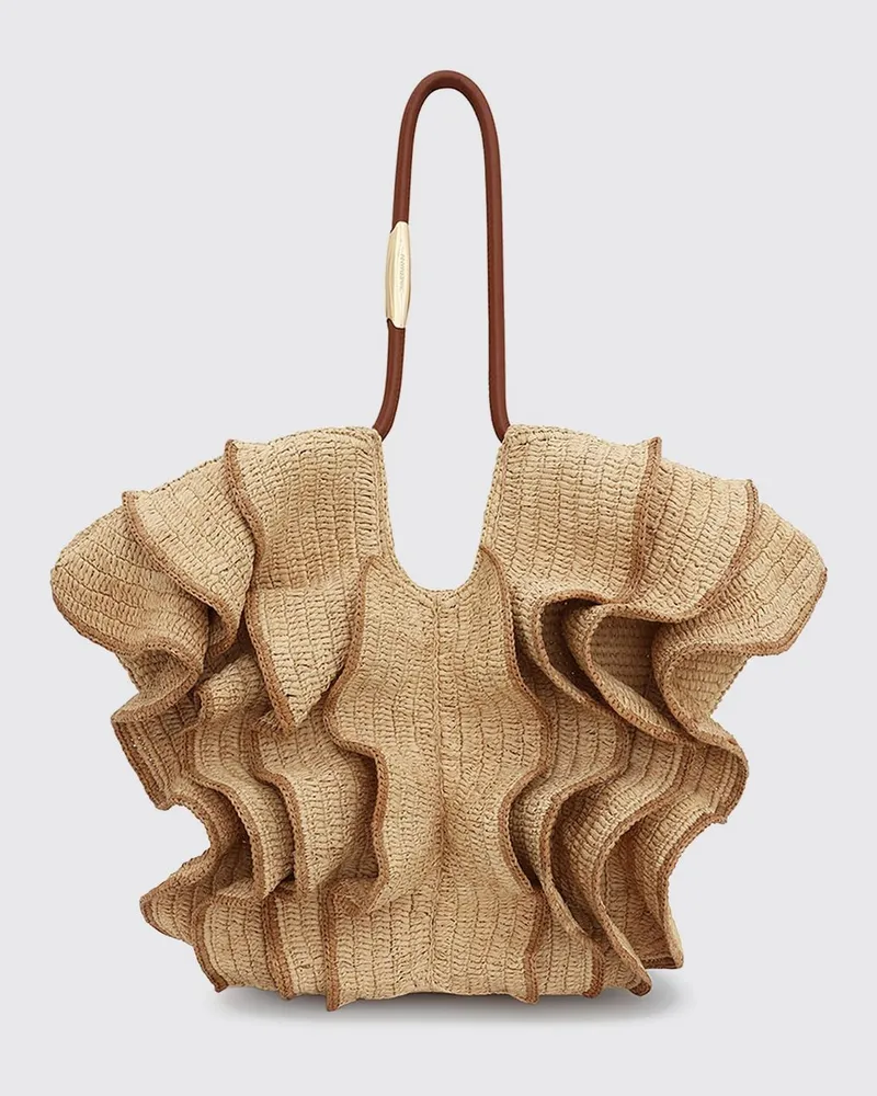 Zimmermann Tote-Bag aus Bast mit Stickerei und doppelten Lederhenkeln Beige