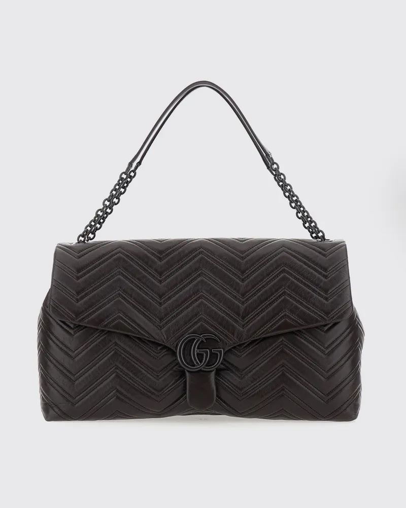 Gucci Große GG Marmont Schultertasche von aus schwarzem, gestepptem Nappaleder Braun