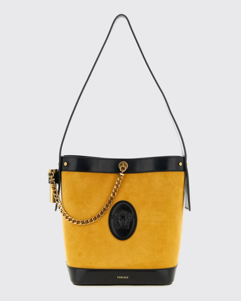 Versace Pivot Beuteltasche aus Wildleder von mit Medusa-Logo und Metallnetz Gelb