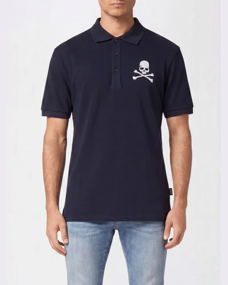 Philipp Plein Kurzärmeliges Baumwoll-Polohemd mit Skull-Print und französischem Kragen Blau