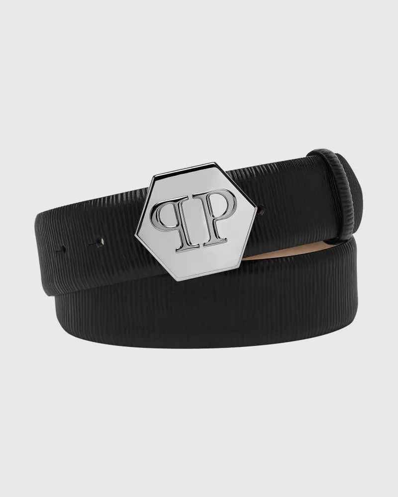 Philipp Plein Gürtel aus Kalbsleder mit Hexagon-Monogramm-Schnalle Schwarz