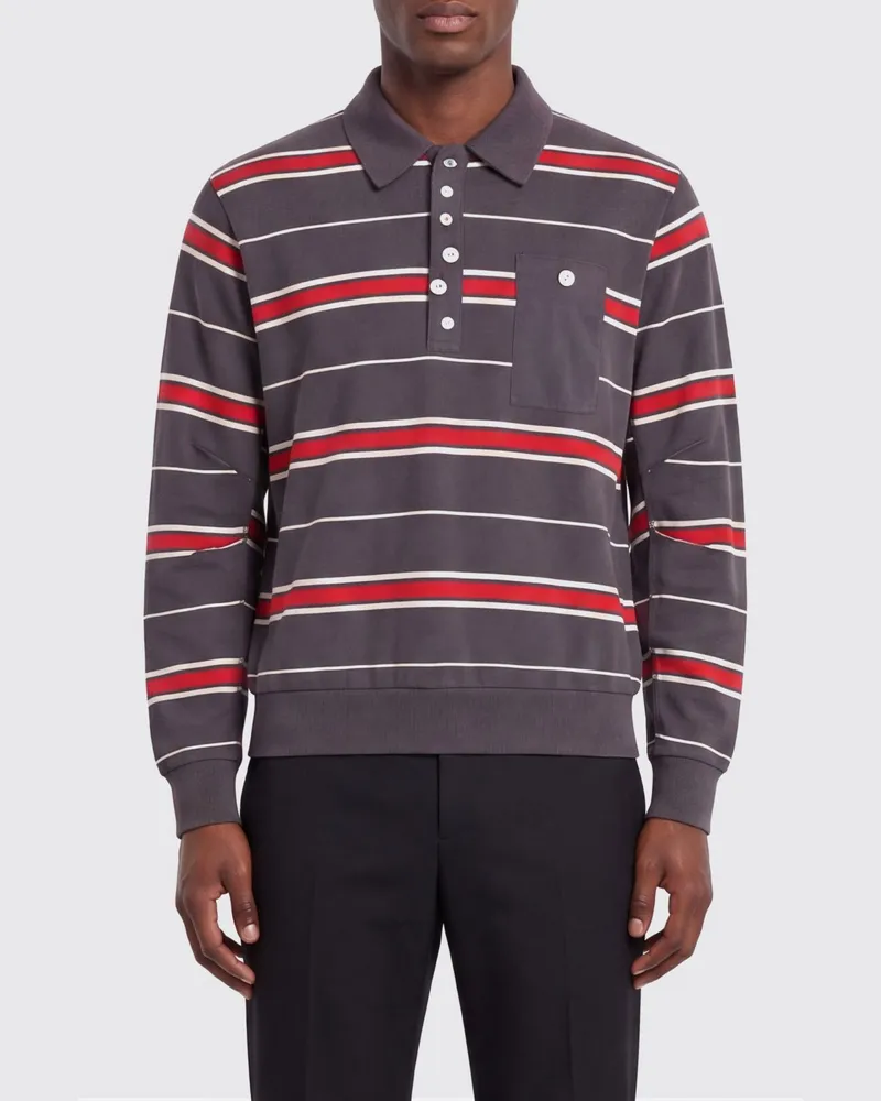 Undercover Gestreiftes Langarm-Poloshirt aus Baumwolle mit geripptem Kragen Grau