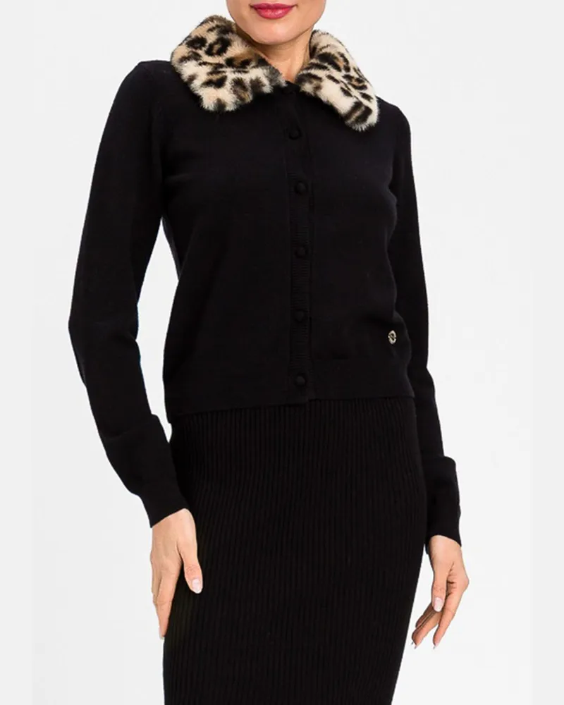 Twin-Set Cardigan aus Viskosemischung mit Kunstpelzkragen Schwarz