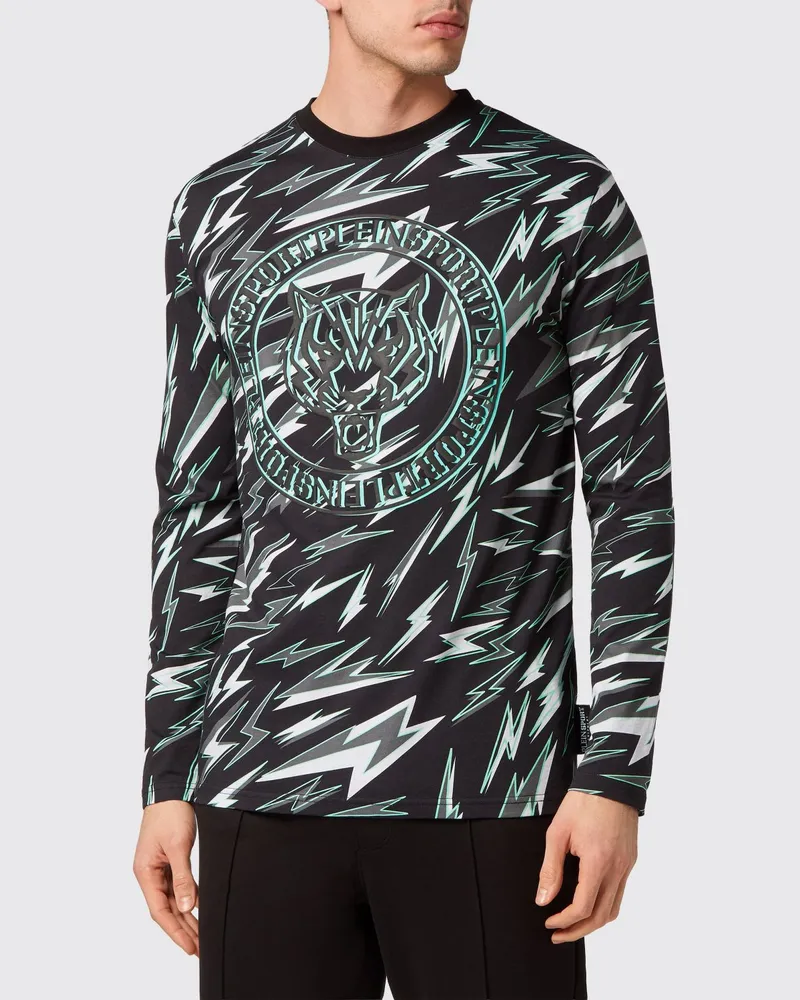 Philipp Plein Langärmeliges Jersey-T-Shirt mit Grafik-Print Schwarz