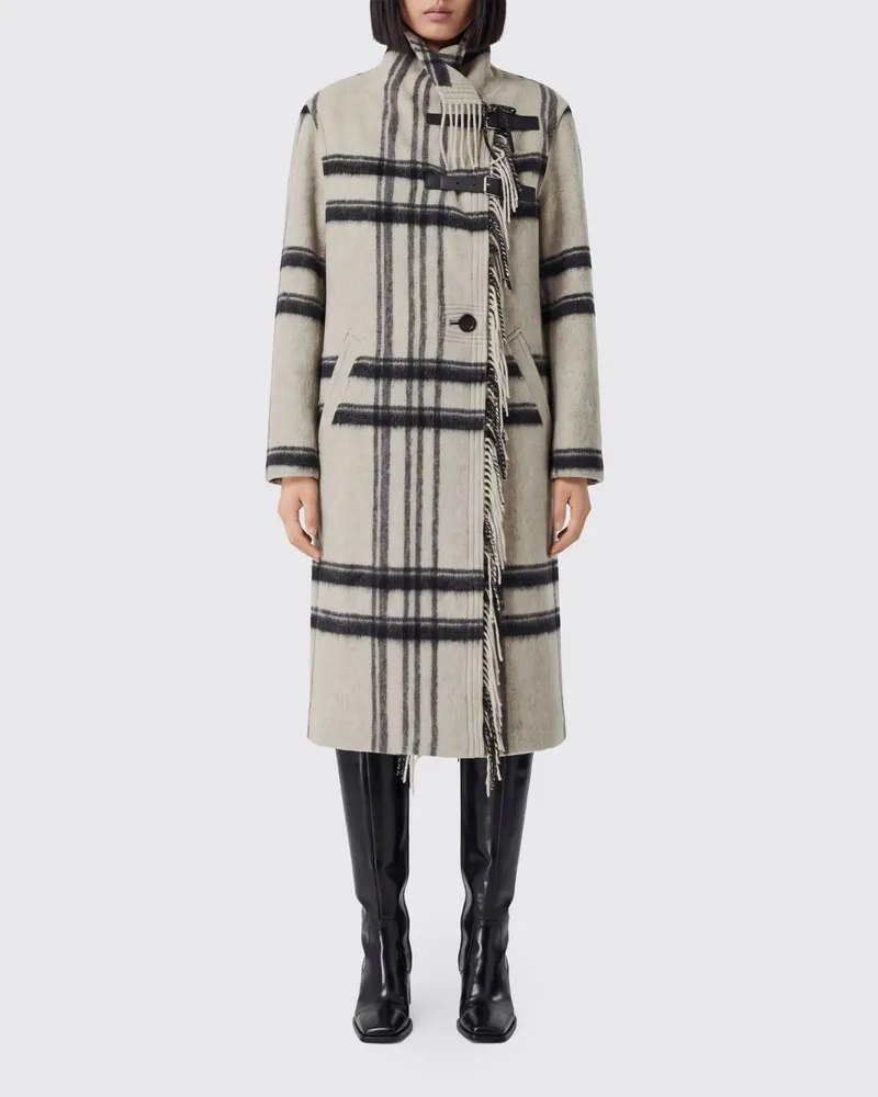 Étoile Isabel Marant Einreihiger Mantel aus Wollmischung mit Karomuster und Fransen Ecru