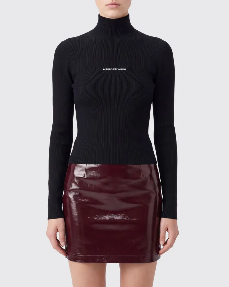 Alexander Wang Langärmliges Rollkragentop von aus geripptem Jersey mit Logo Schwarz
