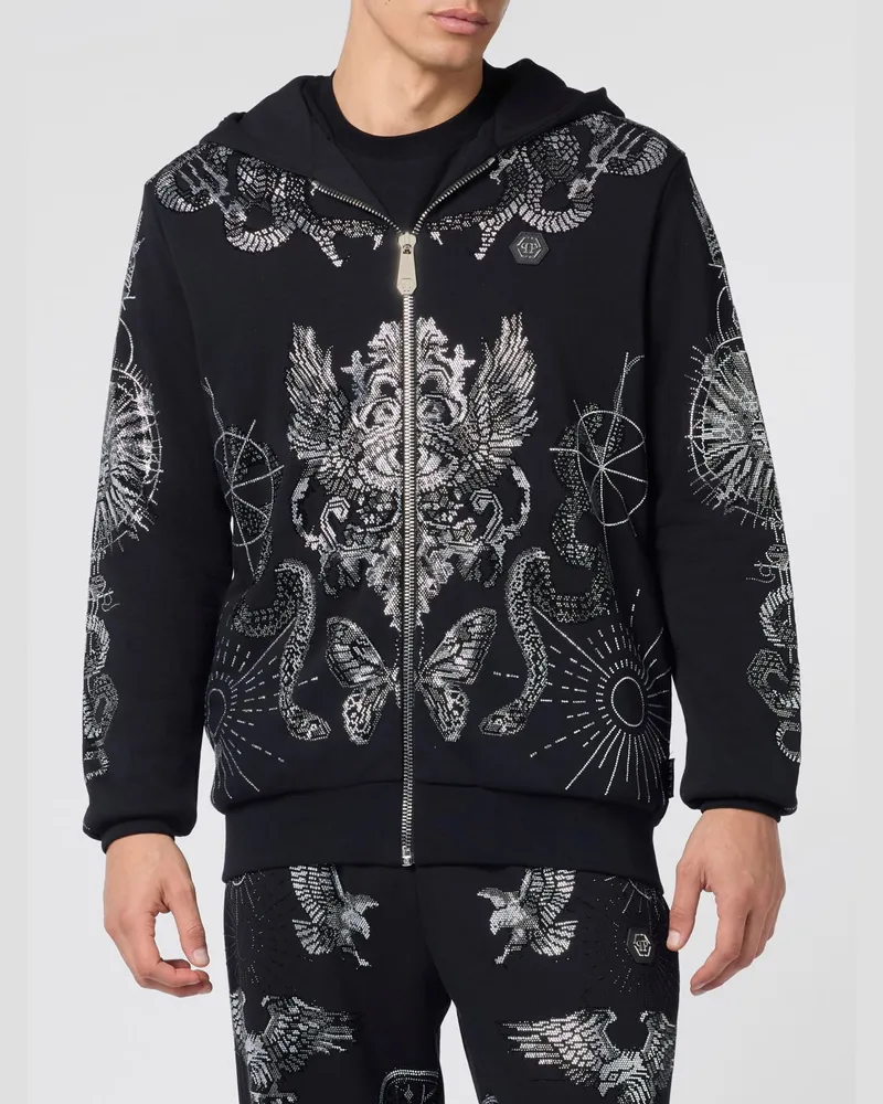 Philipp Plein Baumwoll-Kapuzenjacke mit Skull-Print und Strass Schwarz
