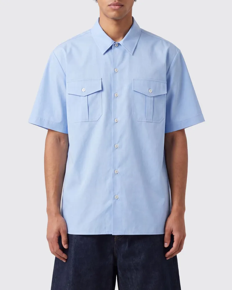 Maison Margiela Gestreiftes Bowlinghemd aus Baumwolle mit kurzen Ärmeln Blau