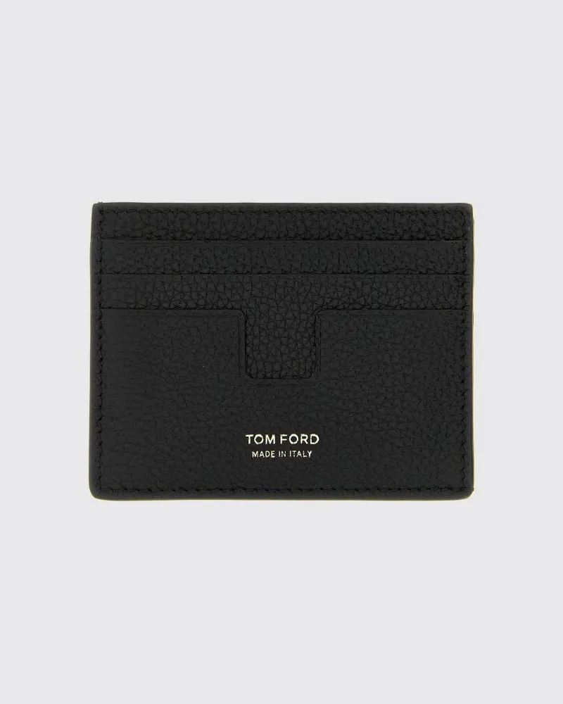 Tom Ford Flacher Kartenhalter von aus getrommeltem Kalbsleder mit foliertem Logo Schwarz