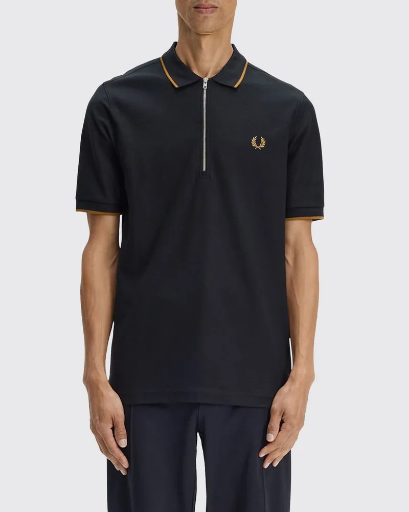 Fred Perry Polohemd aus Baumwolle mit Reißverschluss und Kontrastpaspeln Schwarz
