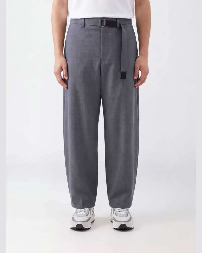 Sacai Hose mit weitem Bein aus Wollmischung und verstellbarem Taillengürtel Grau
