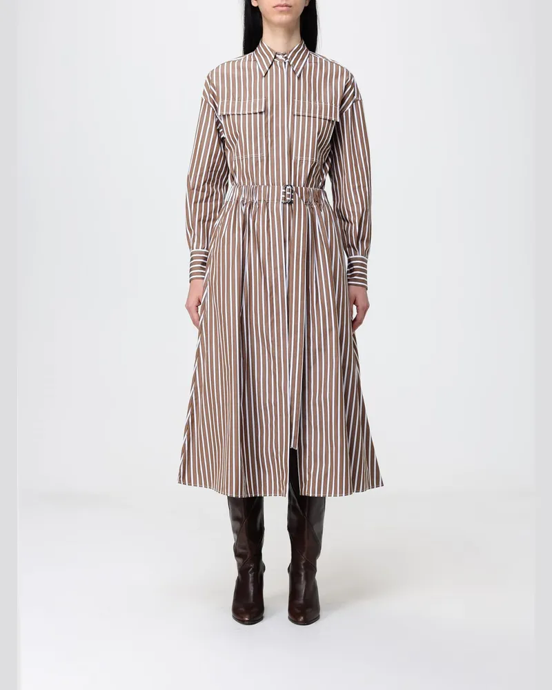 Brunello Cucinelli Gestreiftes Baumwoll-Hemdblusenkleid Braun