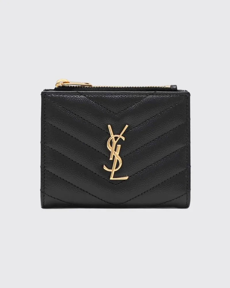 Saint Laurent Cassandre Portemonnaie aus gestepptem Grain de Poudre Leder Schwarz