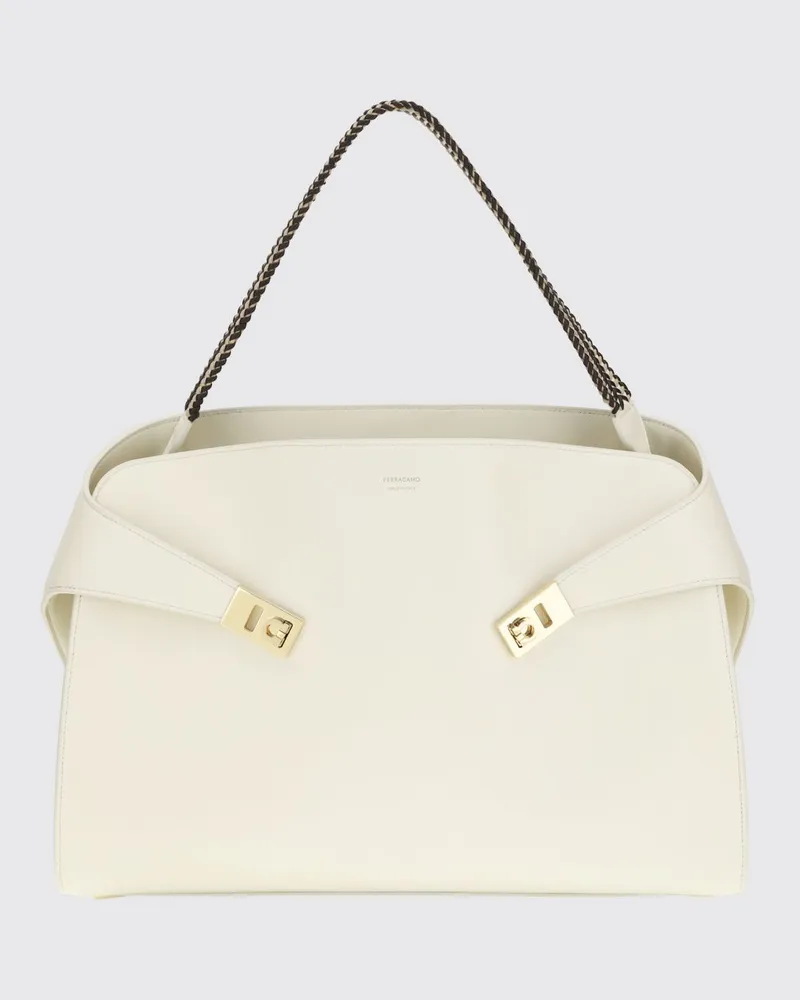 Ferragamo Hug Schultertasche aus Kalbsleder mit geflochtenem Henkel Cream