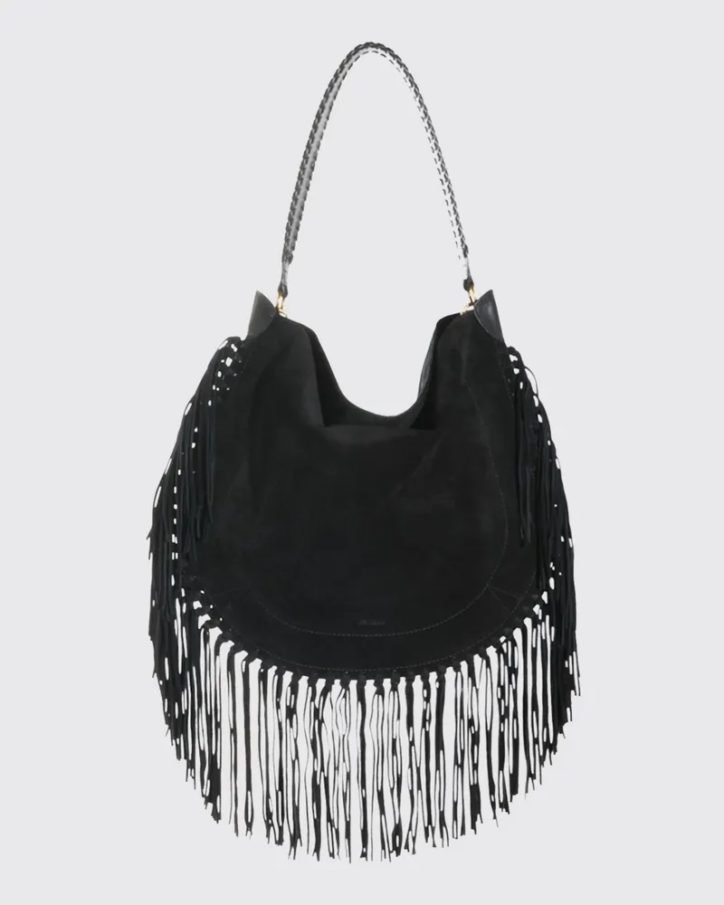 Isabel Marant Schultertasche aus Veloursleder mit Fransen Schwarz