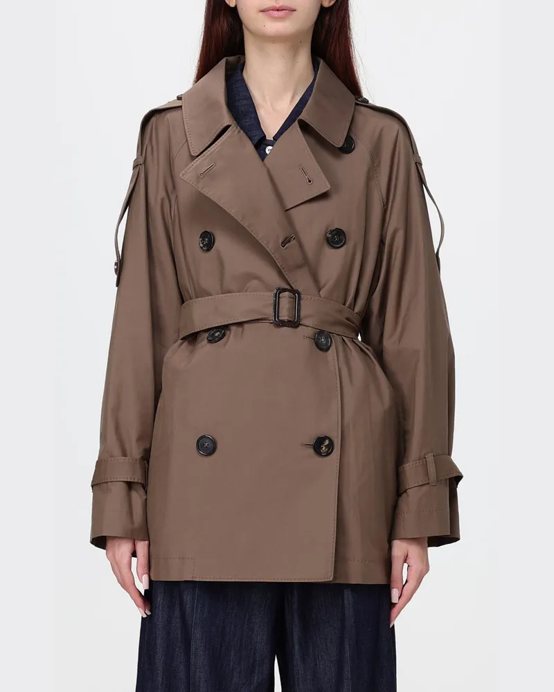 Max Mara Kurzer zweireihiger Baumwoll-Trenchcoat mit Gürtel und Schulterklappen Gold