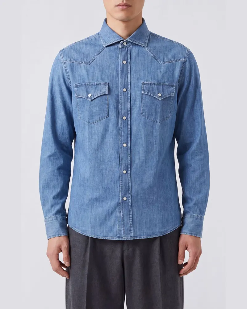 Brunello Cucinelli Baumwoll-Denim-Hemd mit französischem Kragen Denim