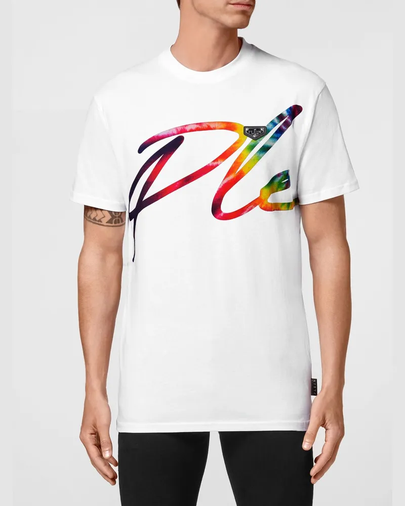 Philipp Plein Kurzärmeliges Jersey-T-Shirt mit kontrastierendem Logo-Print Weiß