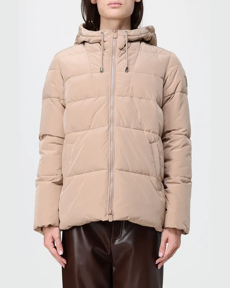 Pinko Kurze Stepp-Daunenjacke Eleodoro aus Nylon mit Kapuze und Love Birds-Logo Beige