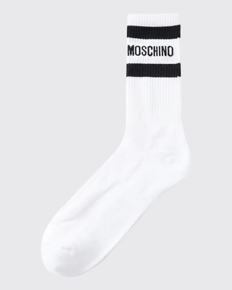 Moschino Gestreifte Socken aus Stretch-Baumwolle mit Jacquard-Logo Weiß