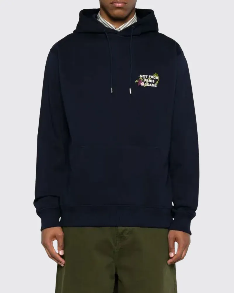 Drôle de Monsieur Baumwoll-Hoodie mit Slogan-Print und Kängurutasche Blau
