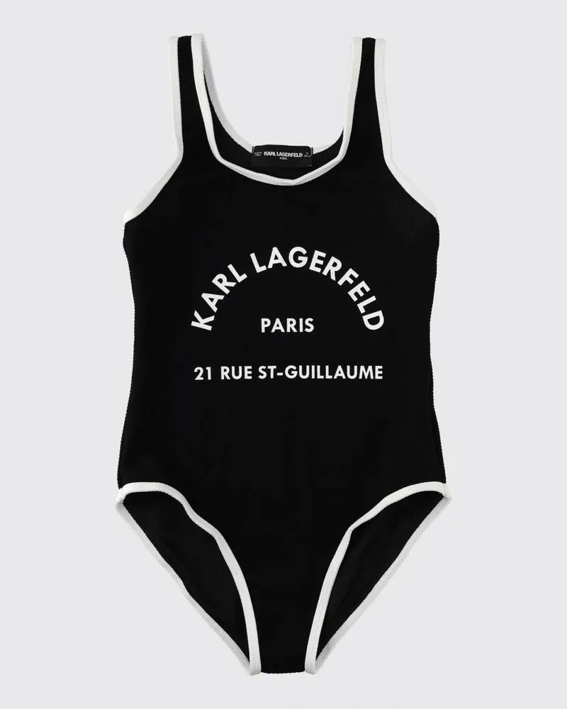 Karl Lagerfeld Einteiliger Badeanzug für Mädchen mit Kontrastlogo und U-Ausschnitt Schwarz