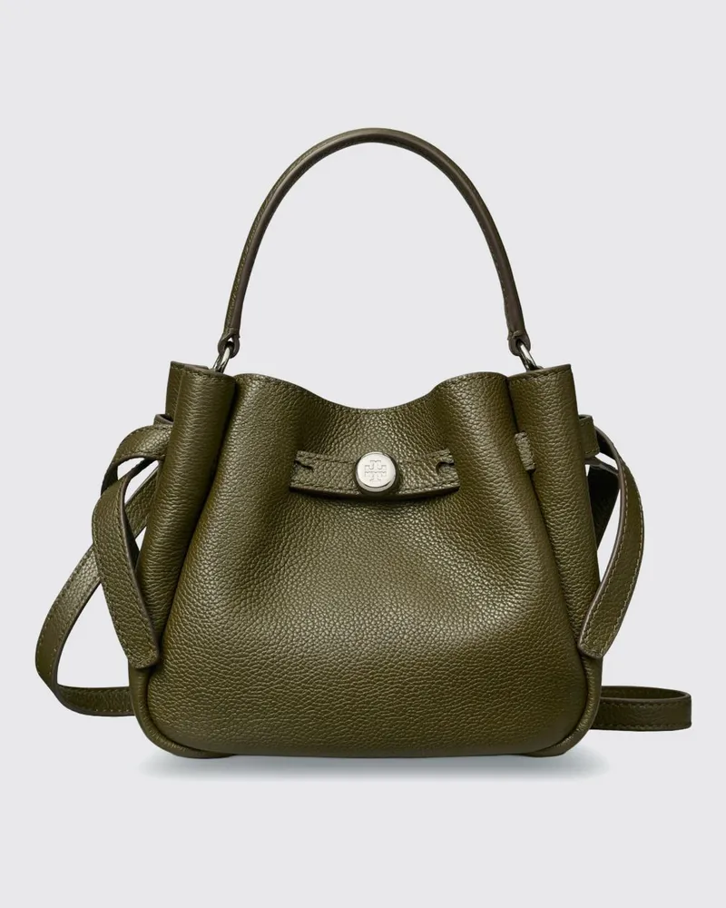 Tory Burch Romy Mini Bucket Bag aus genarbtem Leder mit Double T-Logo Grün