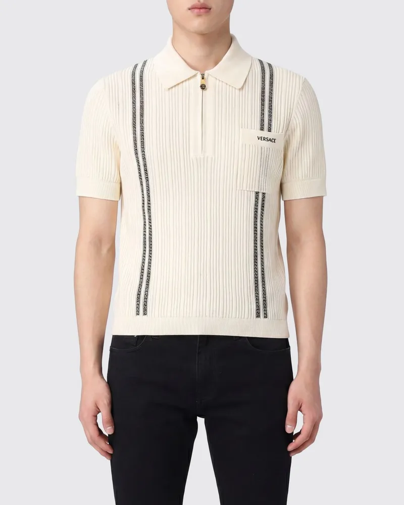 Versace Baumwoll-Strickpolo mit Greca-Muster und Reißverschluss Weiß