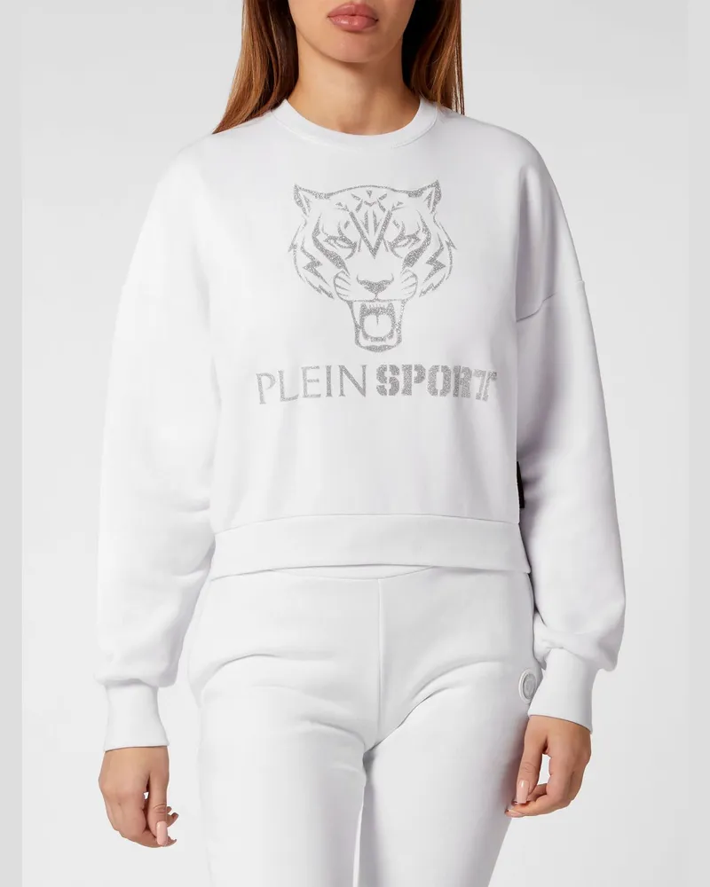 Philipp Plein Rundhals-Sweatshirt aus Jersey mit überschnittenen Schultern und Glitzer-Logo Weiß