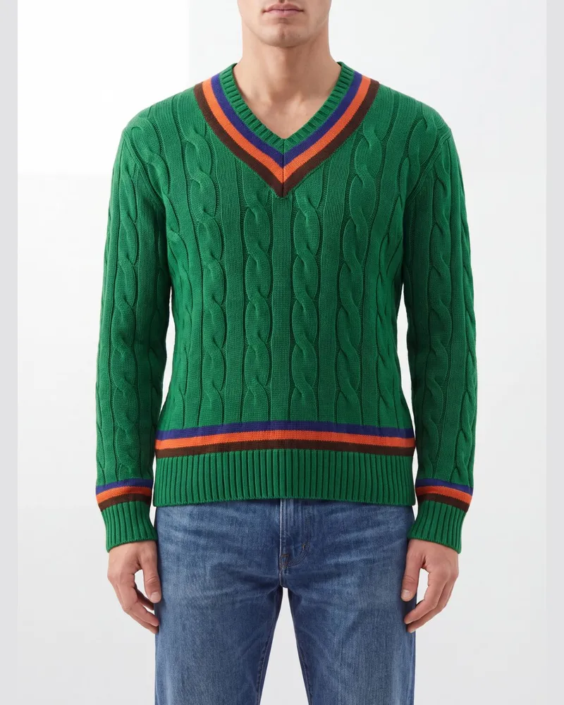 Ralph Lauren V-Ausschnitt-Pullover aus Woll-Baumwoll-Mischung mit Kontrastpaspelierung Grün