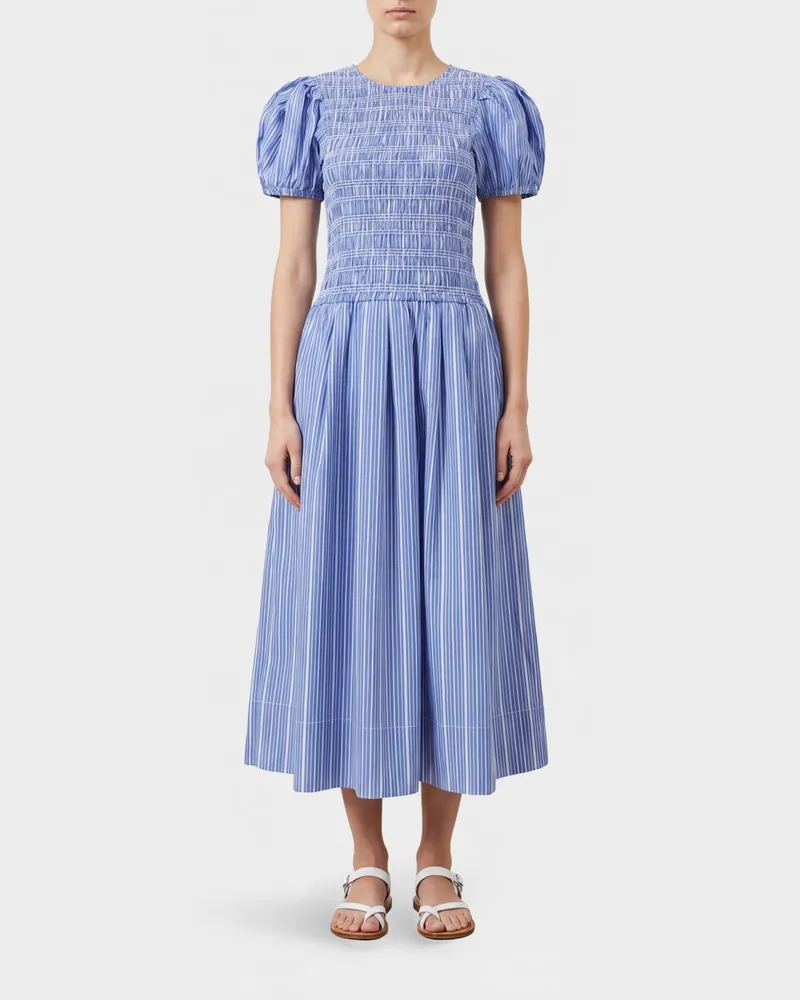 Ganni Gestreiftes Midi-Kleid aus Baumwolle mit Puffärmeln Navy