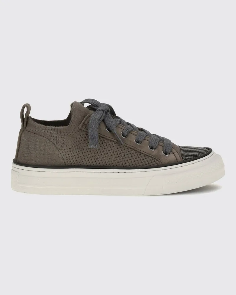 Brunello Cucinelli Sneakers aus Leder und Häkelstrick mit Monile Kakao