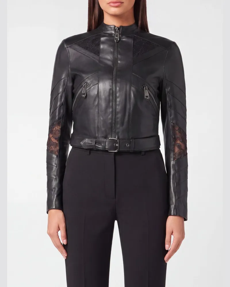 Philipp Plein Crop Bikerjacke aus Nappaleder und Spitze Schwarz