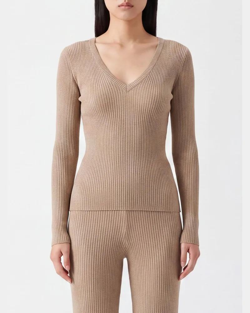 Liu Jo Slim Fit Rippstrickpullover mit V-Ausschnitt und laminiertem Garn Platinum
