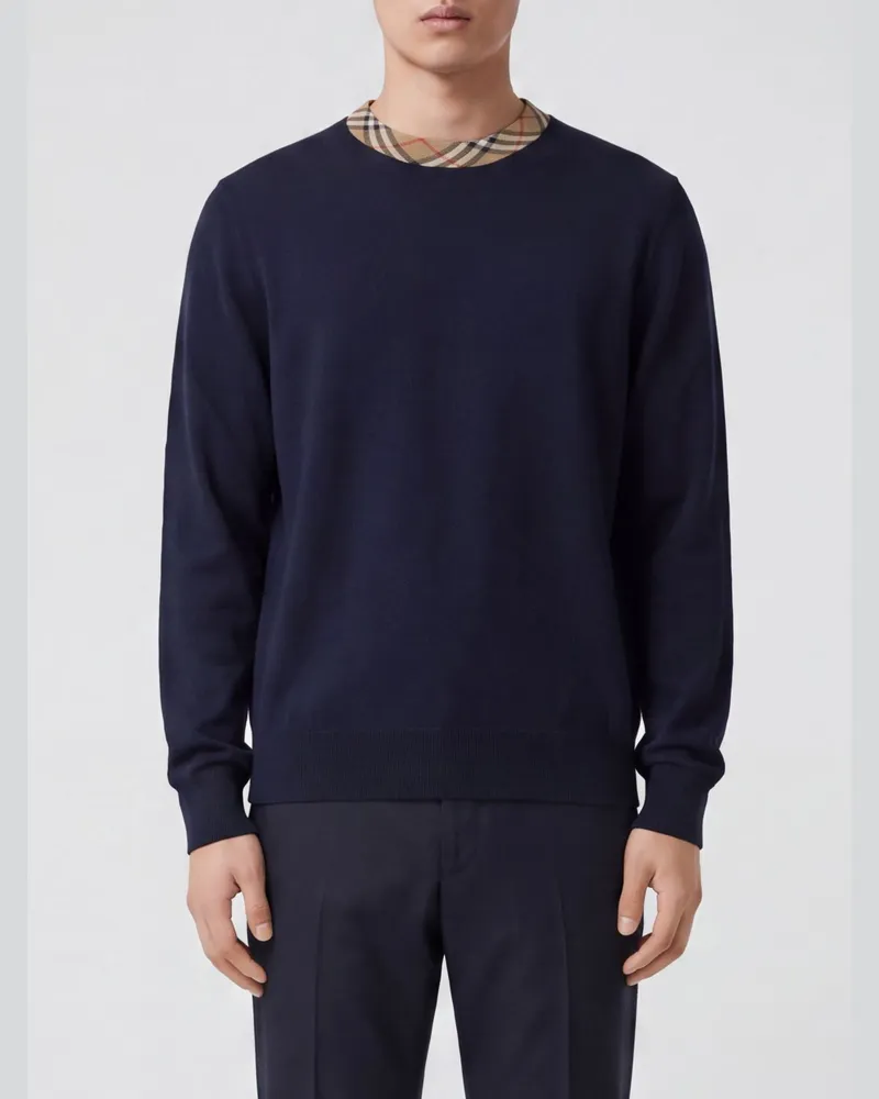 Burberry Wollpullover mit Rundhalsausschnitt, Kontrastbesatz und Rippbündchen Blau