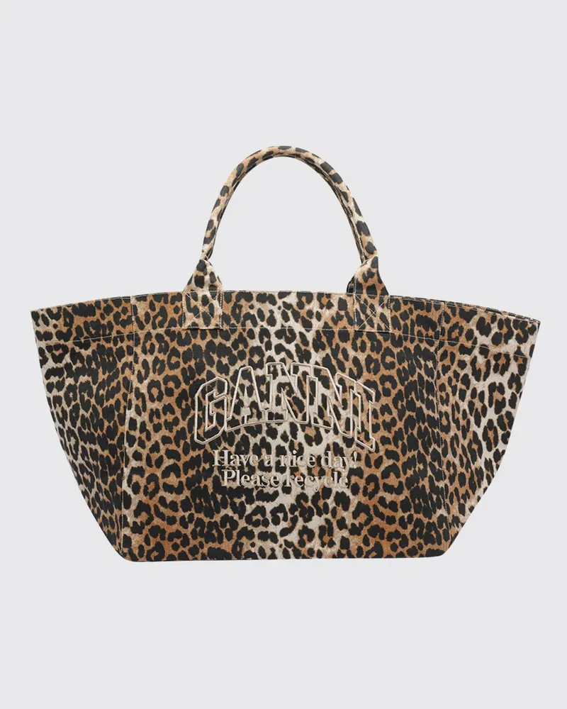 Ganni XXL Tote-Bag aus recycelter Baumwolle mit Animal-Print und gesticktem Logo Braun